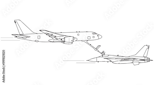 Military aircraft aerial refueling line art vector illustration of a tanker and fighter jet in flight for coloring book