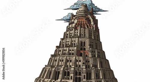 A towering, multi-tiered ancient structure with many windows and terraces, reaching into cloudy skies