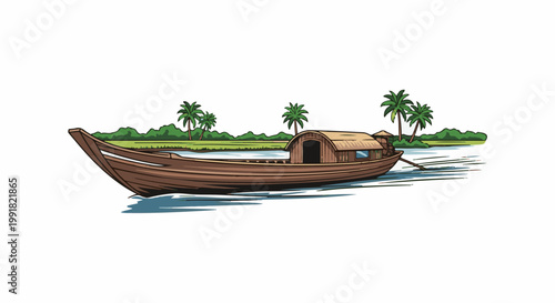A traditional wooden boat glides on calm water, framed by lush green shores and palm trees