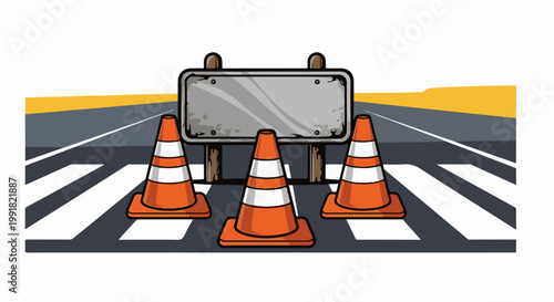 A traffic cone barricade blocks a pedestrian crossing with an empty signpost