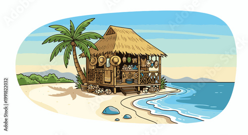 A tropical beach hut stocked with goods, under a palm tree