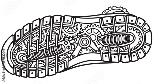 Mechanical shoe sole with intricate gears and cogs steampunk vector illustration for adult coloring book page