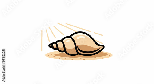 A stylized illustration of a light brown seashell resting on sand with sun rays