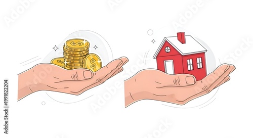 Hands holding coins and a house, representing real estate investment and financial planning.