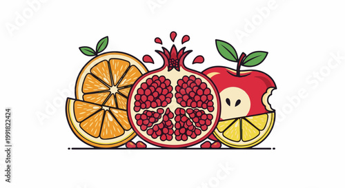 A vibrant arrangement of sliced fruits, featuring a pomegranate, orange, and apple, with a hint of lemon