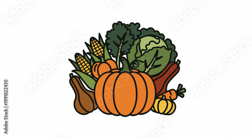A vibrant assortment of fall harvest vegetables, including pumpkins, corn, cabbage, and squash