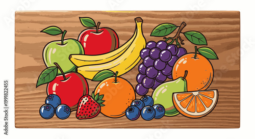 A vibrant assortment of fresh fruits displayed on a rustic wooden surface, with bold outlines