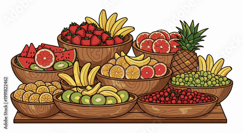 A vibrant assortment of fresh fruits is displayed in rustic wooden bowls
