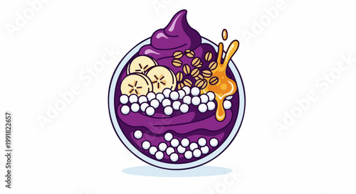 A vibrant bowl of purple fruit puree topped with banana slices, crunchy granola, and sweet honey drizzle