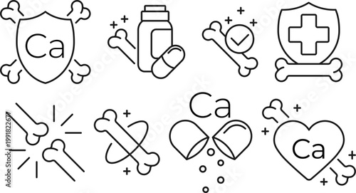Minimal line icon set representing calcium benefits for bones, and supplements. Modern medical and healthcare illustration. Strong healthy bones icons. Editable stroke. Vector illustration