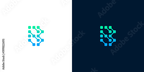 Abstract digital letter B logo design with a circuit board pattern in blue and green gradient colors on white and dark blue backgrounds