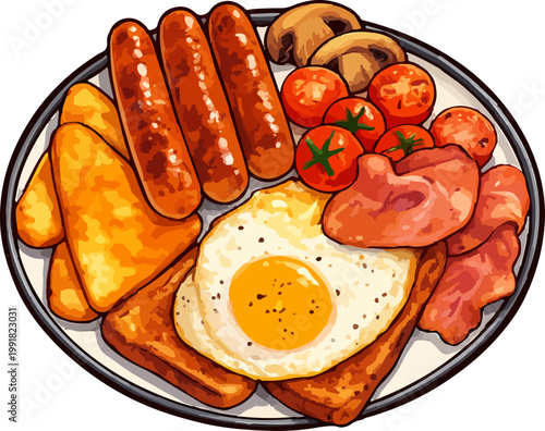 Full English breakfast with eggs and sausages
