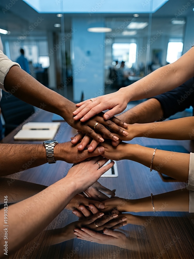 Obraz premium Diverse group of hands stacked together atop a wooden table in an office.