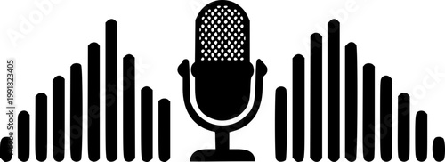 A minimalist vector graphic of a microphone with sound waves on transparent background