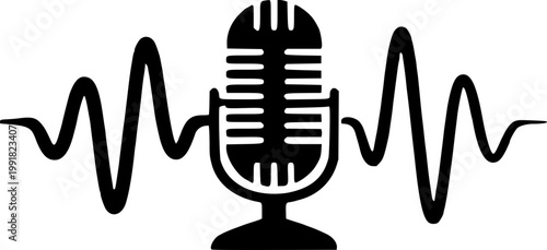 A minimalist vector graphic of a microphone with sound waves on transparent background