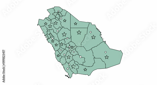 A stylized map showing administrative divisions with circular and star markers