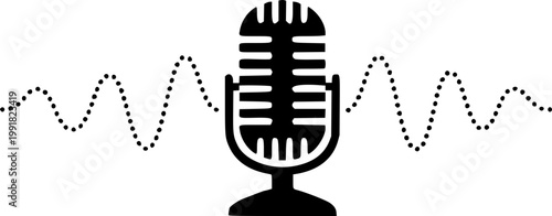 A minimalist vector graphic of a microphone with sound waves on transparent background