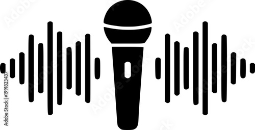 A minimalist vector graphic of a microphone with sound waves on transparent background