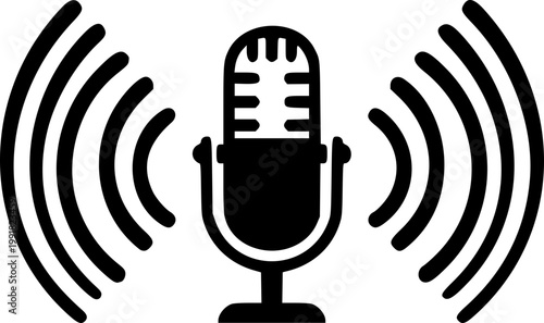 A minimalist vector graphic of a microphone with sound waves on transparent background