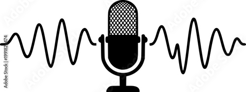 A minimalist vector graphic of a microphone with sound waves on transparent background