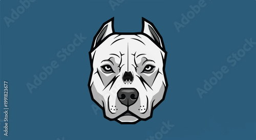 A stylized, monochrome illustration of a muscular dog's head on a solid blue background