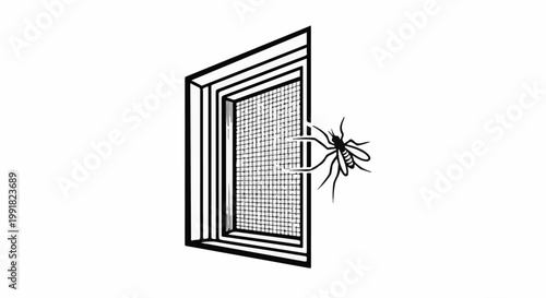 A stylized mosquito approaches a window screen