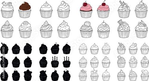 Cupcake collection with various frosting styles toppings and silhouettes bakery dessert set isolated vector illustration design