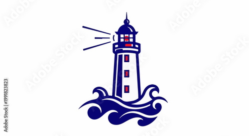A stylized navy and red lighthouse stands tall amidst choppy blue waves