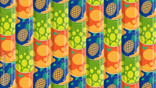 Bright summer horizontal background of aluminum cans with different flavors of carbonated drinks displayed in a row. 3D vector background top view at an angle