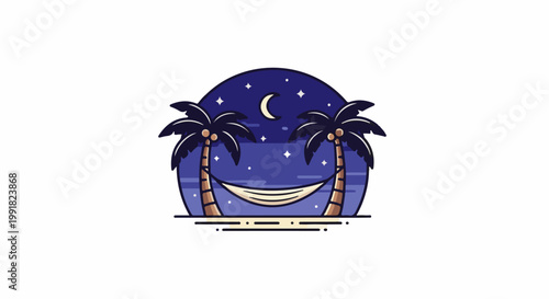 A stylized nighttime beach scene with palm trees, a crescent moon, stars, and a hammock