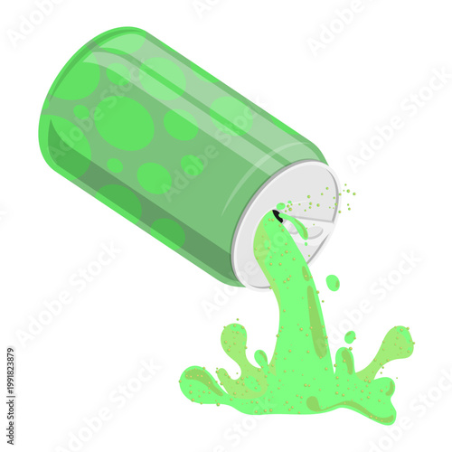 Isometric refreshing citrus carbonated drink pours from an open green aluminum can. 3D cartoon vector isolated on white background