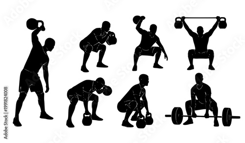 Kettlebell workout silhouette vector set fitness lifting exercise poses