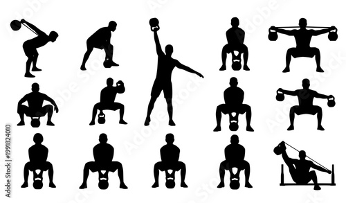 Kettlebell silhouette icon set fitness workout exercise vector