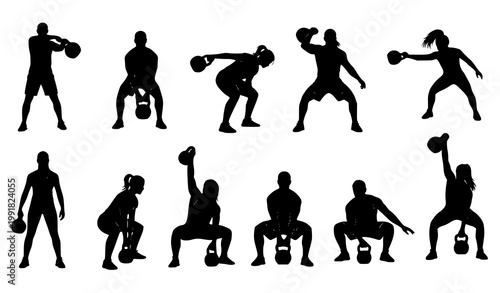 Kettlebell lifting silhouette vector set fitness training poses
