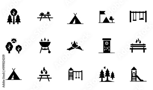 Park solid icon set vector outdoor forest picnic camping playground