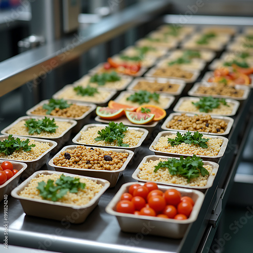 Industrial Food Production Line Organizing Balanced Meals Filled With Tomatoes And Fresh Grains