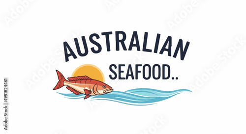 A stylized illustration of a red fish swimming in blue waves under an orange sun, with bold text