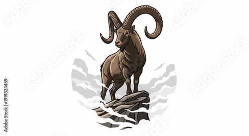 A stylized, pixelated ibex with large, curved horns stands proudly on a rocky perch surrounded by clouds