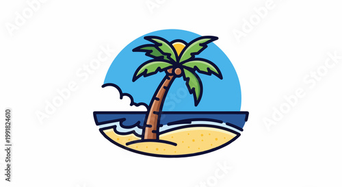 A stylized illustration of a tropical beach scene with a palm tree and ocean waves under a blue sky