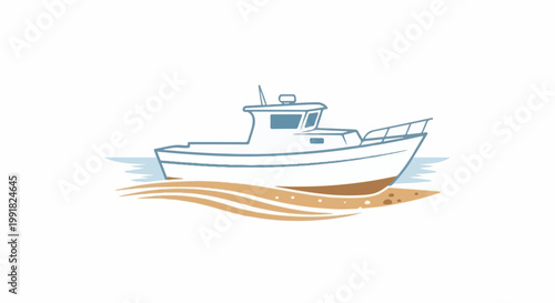 A stylized illustration of a white boat resting on a sandy beach with wavy blue water