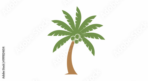 A stylized illustration of a tropical palm tree with green fronds and brown trunk, bearing coconuts
