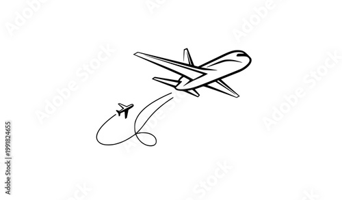 Aircraft Plane Outline Drawing with Flight Route Linear Vector Design