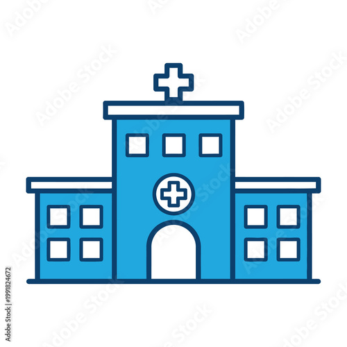 Blue hospital building icon with cross