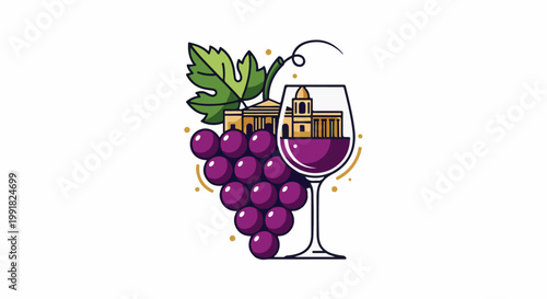 A stylized illustration of a wine glass filled with purple liquid, beside a bunch of purple grapes and a green leaf