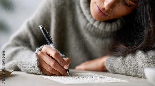 Close up of woman in cozy turtleneck sweater writing handwritten notes with pen at desk