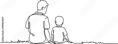 Minimalist continuous line art illustration of a father and son sitting together on grass for family bonding and parenting concept vector
