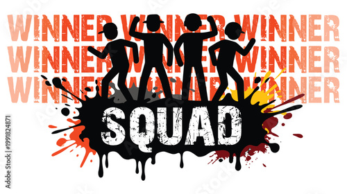 Winner squad text with four celebratory figures on a paint splatter background.