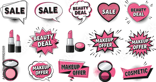 Beauty Makeup Sale Sticker Set with Lipstick Cosmetics Speech Bubbles Discount Labels and Comic Style Promotional Vector Illustration Collection
