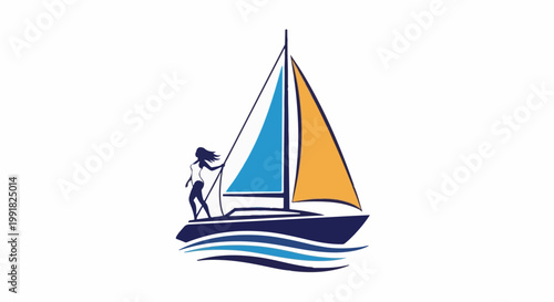 A stylized sailboat with a female figure on deck, set against a white background with colorful sails