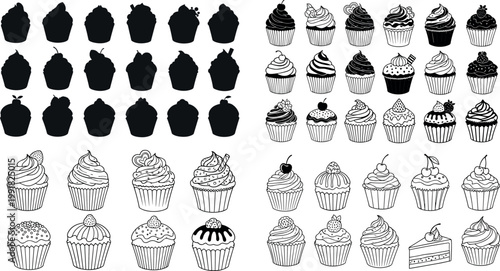 Cupcake silhouette and hand drawn collection with different frosting designs bakery dessert set isolated vector illustration
